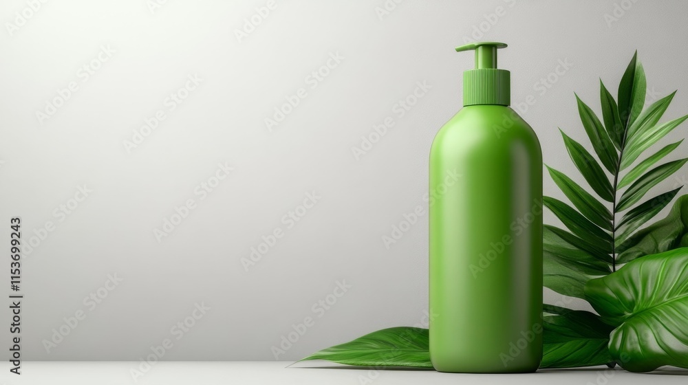 Green Shampoo Bottle on Minimal Background. Generative AI Green Shampoo Bottle on Minimal Background. Generative AI