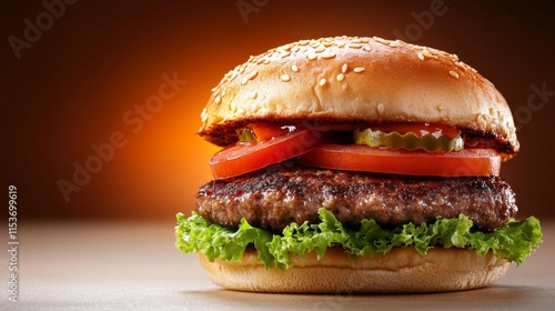 Vegetarian burger with fresh vegetables and sesame bun. Generative AI photo