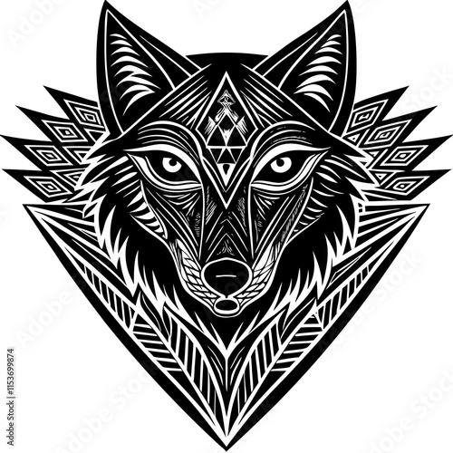 Intricate Black and White Wolf Head with Geometric Patterns