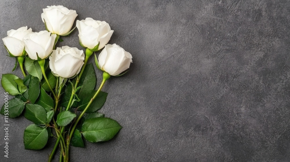 Fototapeta premium Elegant white roses bouquet on gray stone surface floral arrangement minimalist indoor close-up beauty
