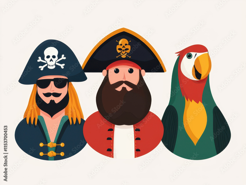 Obraz premium Pirate cartoon kids story. Colorful pirate characters with a parrot in a playful style.