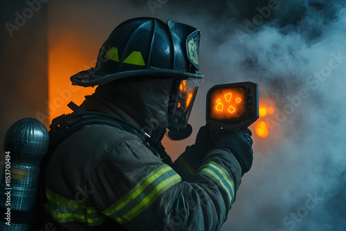 A firefighter using a thermal imaging camera to locate survivors in a smoke filled building, with glowing orange shapes visible on the device, realistic and tense photo