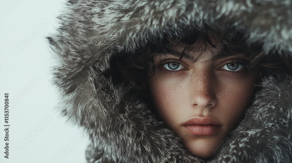 front view of a modern female wearing a furry winter coat, mountain background front view of a modern female wearing a furry winter coat, mountain background