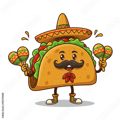 Festive Taco Cartoon Character Playing Maracas in Sombrero