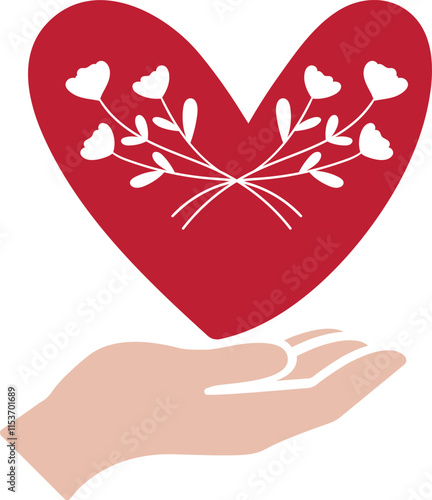 Vector graphic showing a hand holding a heart, beautifully surrounded by blooming flowers