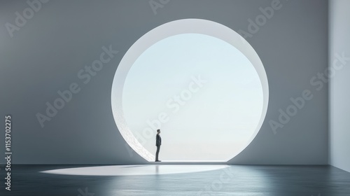Fototapeta Naklejka Na Ścianę i Meble -  Man standing in front of a large circular window with bright light entering a minimal interior space