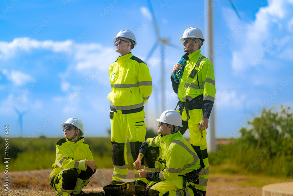 A group of engineers dressed in high-visibility uniforms and helmets conducts an inspection at a wind farm. Using technical devices, they monitor the wind turbines under a bright blue sky.