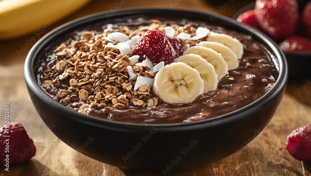 Chocolate smoothie bowl with banana, strawberry, granola, and coconut flakes. Chocolate smoothie bowl with banana, strawberry, granola, and coconut flakes.