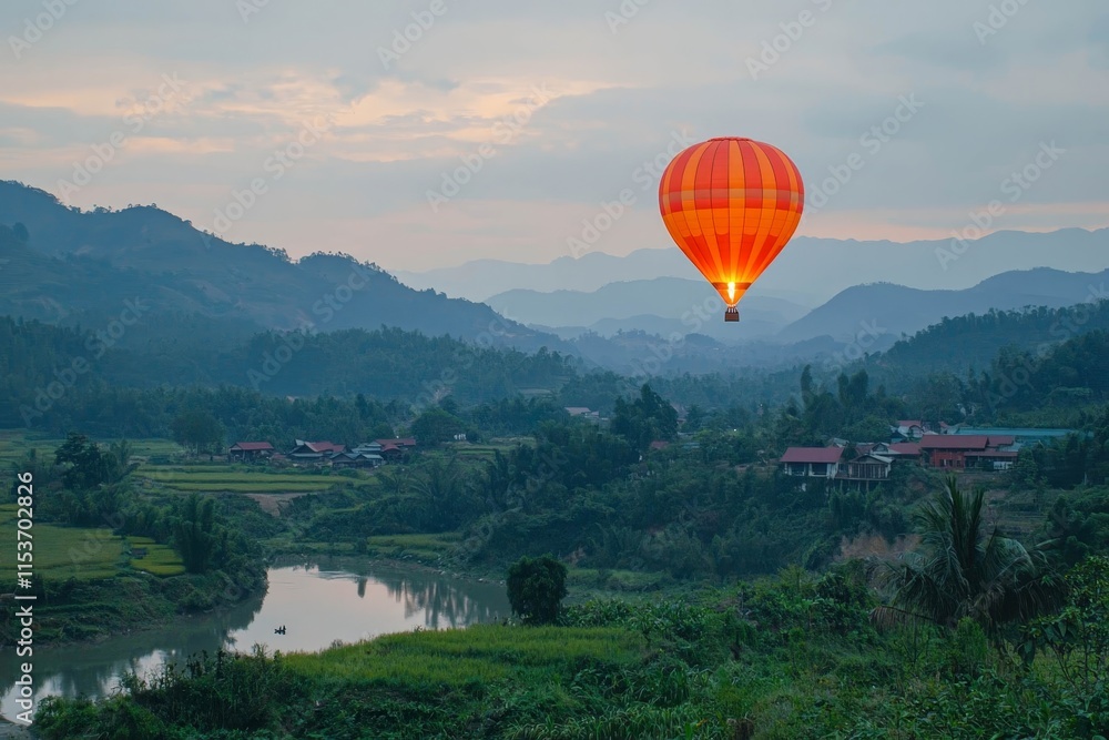 Naklejka premium Hot air balloon flying over the mountains in the sunset time.
