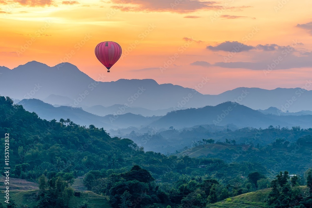 Hot air balloon flying over the mountains in the sunset time. Hot air balloon flying over the mountains in the sunset time.