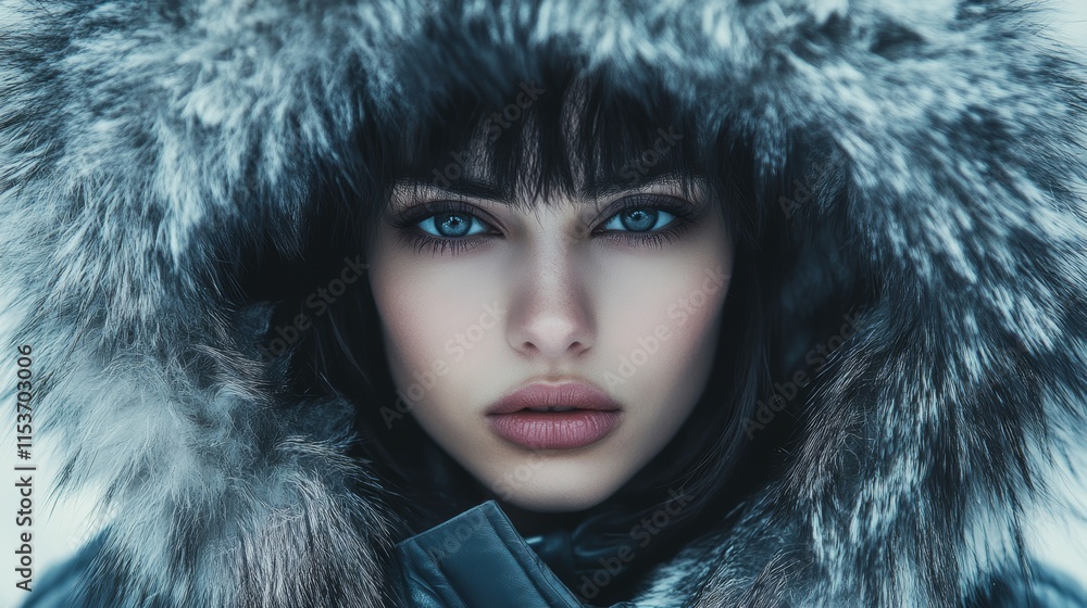 front view of a modern female wearing a furry winter coat, mountain background front view of a modern female wearing a furry winter coat, mountain background