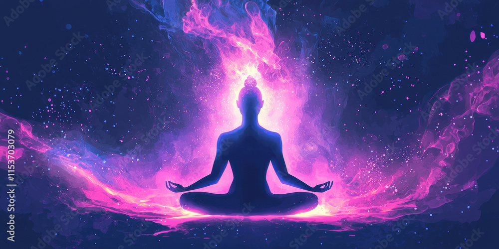 Continuous A person meditates peacefully, surrounded by a glowing aura, capturing a serene moment of introspection and spiritual energy. Continuous A person meditates peacefully, surrounded by a glowing aura, capturing a serene moment of introspection and spiritual energy.