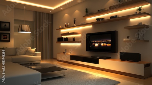 A sleek modern living room with sharp contrasts, floating shelves, and a minimalistic entertainment center