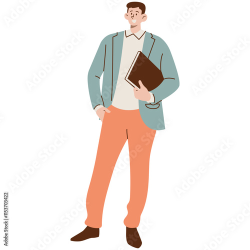 Business people working. Different men, women wearing smart casual office outfits standing with computer. Diverse stylish men wearing modern street fashion clothes. Handsome guys in casual autumn, fal