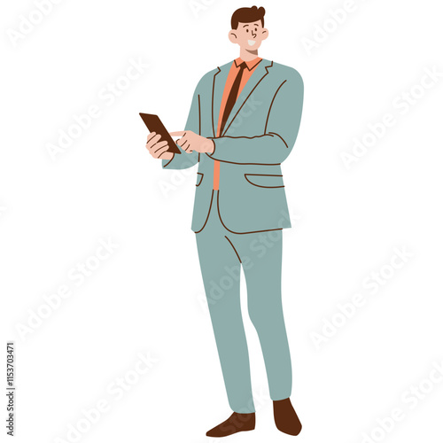 Business people working. Different men, women wearing smart casual office outfits standing with computer. Diverse stylish men wearing modern street fashion clothes. Handsome guys in casual autumn, fal