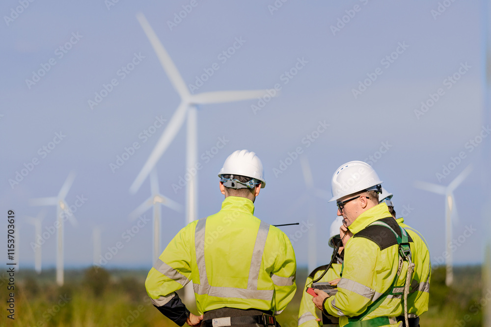 A team of engineers in high visibility safety gear stand together at a wind farm, conducting inspections and discussing renewable energy projects. Wind turbines surround them under a clear sky. A team of engineers in high visibility safety gear stand together at a wind farm, conducting inspections and discussing renewable energy projects. Wind turbines surround them under a clear sky.