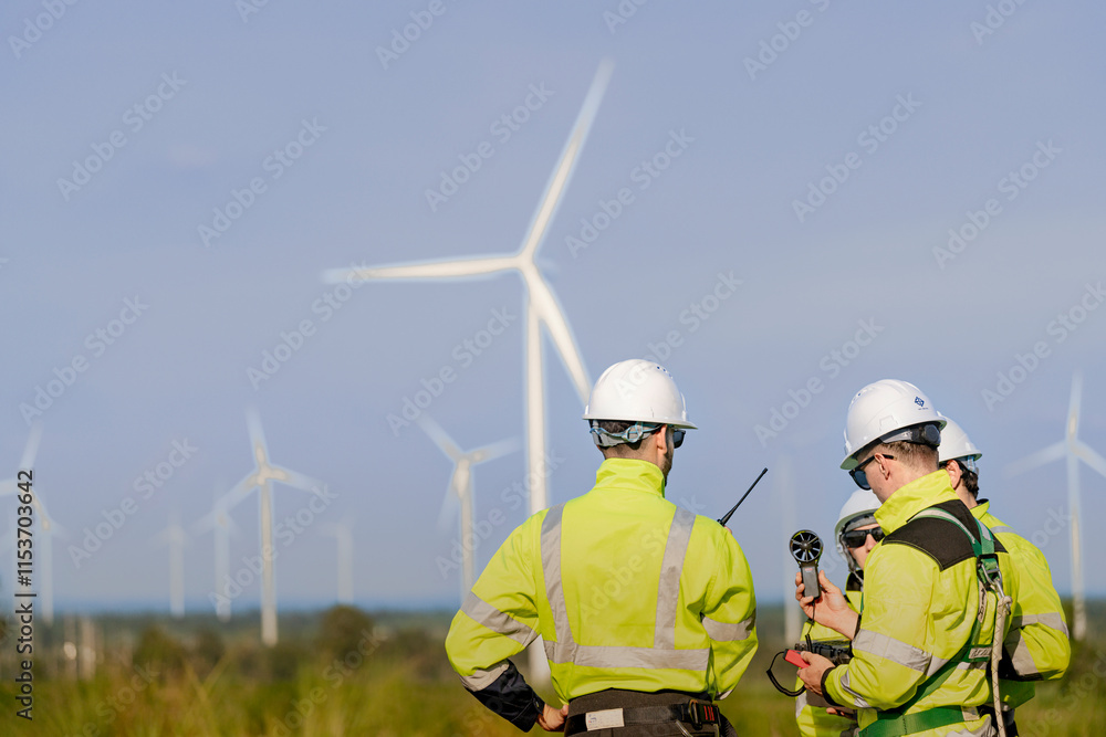 A team of engineers in high visibility safety gear stand together at a wind farm, conducting inspections and discussing renewable energy projects. Wind turbines surround them under a clear sky. A team of engineers in high visibility safety gear stand together at a wind farm, conducting inspections and discussing renewable energy projects. Wind turbines surround them under a clear sky.