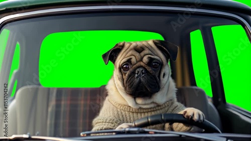 Funny pug dog sitting in driver seat, paws on steering wheel, pet driving the car on green screen. Funny pet, pug dog driver. Animal in car concept, driving down the road. Cute pet drive car