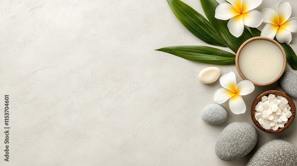 Serene Spa Arrangement with Stones, Flowers, and Natural Ingredients Serene Spa Arrangement with Stones, Flowers, and Natural Ingredients