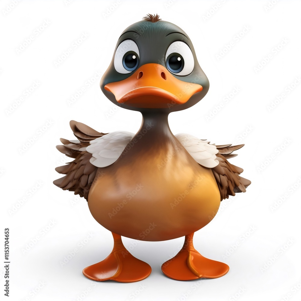 Obraz premium Adorable 3D cartoon duckling standing, isolated on white background with full depth of field
