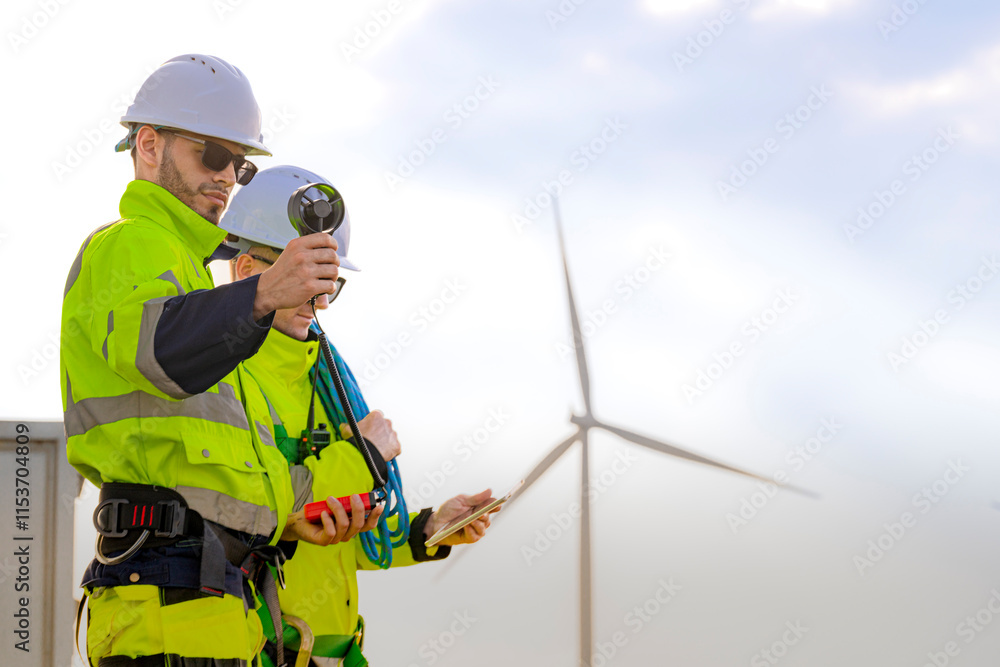 Two engineers wearing high visibility safety jackets and helmets measure wind speed with an anemometer and analyze data on a tablet at a renewable energy site. The cloudy sky adds depth to the scene. Two engineers wearing high visibility safety jackets and helmets measure wind speed with an anemometer and analyze data on a tablet at a renewable energy site. The cloudy sky adds depth to the scene.