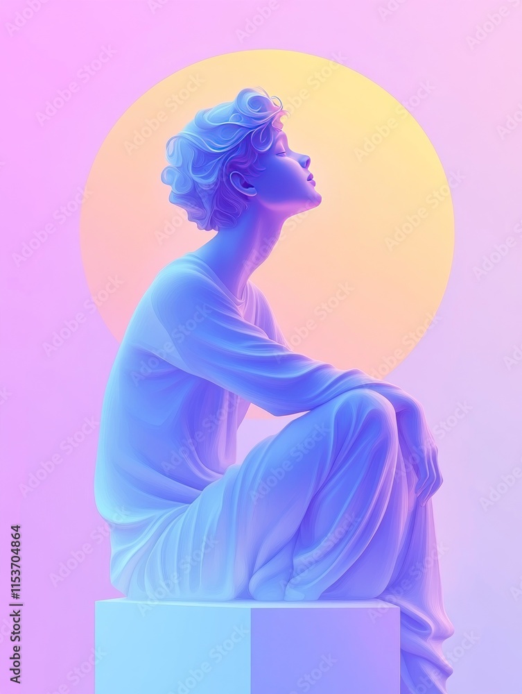 graphic design poster art style scene featuring a boy sitting on an abstract white pedestal. graphic design poster art style scene featuring a boy sitting on an abstract white pedestal.