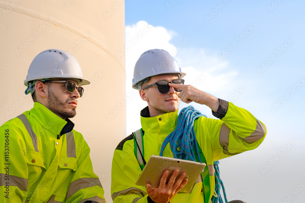 Two engineers in high visibility gear and hard hats observe a wind turbine and communicate via radio at a wind energy site. The image highlights teamwork, safety, and renewable energy production. Two engineers in high visibility gear and hard hats observe a wind turbine and communicate via radio at a wind energy site. The image highlights teamwork, safety, and renewable energy production.