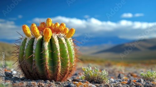 Desert cactus with yellow flower buds against a backdrop of mountains and a partly cloudy sky. photo