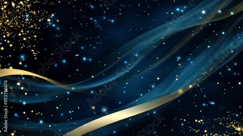 A shimmering abstract background with blue and gold waves.