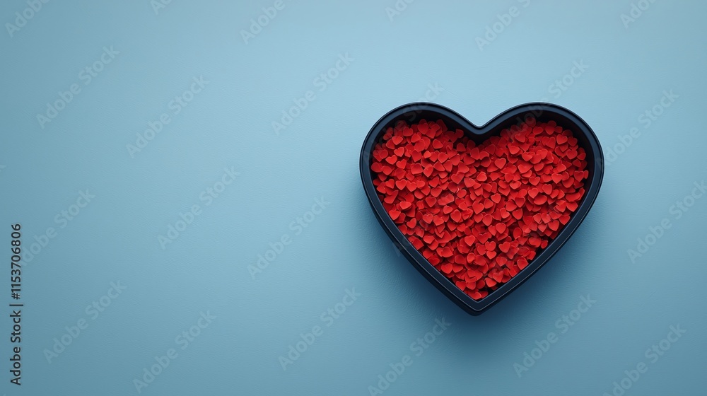 Black heart-shaped container filled with small red hearts on a blue background. Black heart-shaped container filled with small red hearts on a blue background.