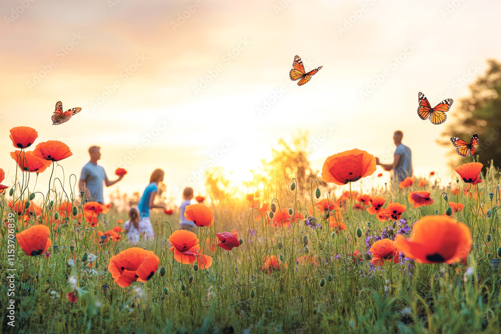Obraz premium Family enjoying sunset in a vibrant poppy field with butterflies flitting around