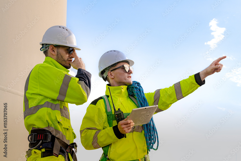 Two engineers in high visibility gear and hard hats observe a wind turbine and communicate via radio at a wind energy site. The image highlights teamwork, safety, and renewable energy production. Two engineers in high visibility gear and hard hats observe a wind turbine and communicate via radio at a wind energy site. The image highlights teamwork, safety, and renewable energy production.