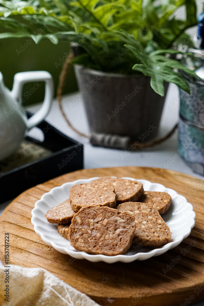 A close-up view of delicious chocolate almond cookies neatly arranged on a white plate. A popular cookies in Malaysia during Eid Mubarak (Hari Raya) A close-up view of delicious chocolate almond cookies neatly arranged on a white plate. A popular cookies in Malaysia during Eid Mubarak (Hari Raya)