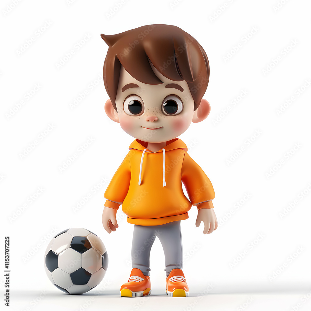 Cute 3D Boy Character with Soccer Ball in Bright Sportswear Outfit Cute 3D Boy Character with Soccer Ball in Bright Sportswear Outfit