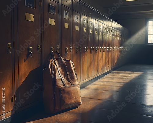 Vintage gym locker room with wooden lockers, brass handles, and name tags. A gym bag rests nearby as soft morning sunlight streams in, evoking nostalgia and warmth—ideal for vintage-inspired branding. photo