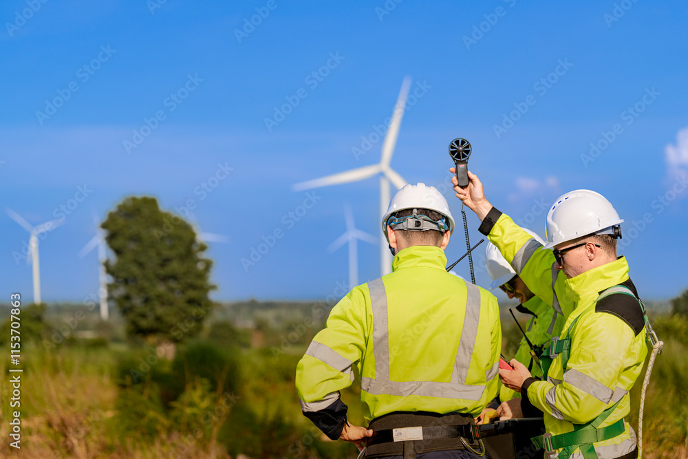 A team of engineers in high visibility safety gear stand together at a wind farm, conducting inspections and discussing renewable energy projects. Wind turbines surround them under a clear sky. A team of engineers in high visibility safety gear stand together at a wind farm, conducting inspections and discussing renewable energy projects. Wind turbines surround them under a clear sky.