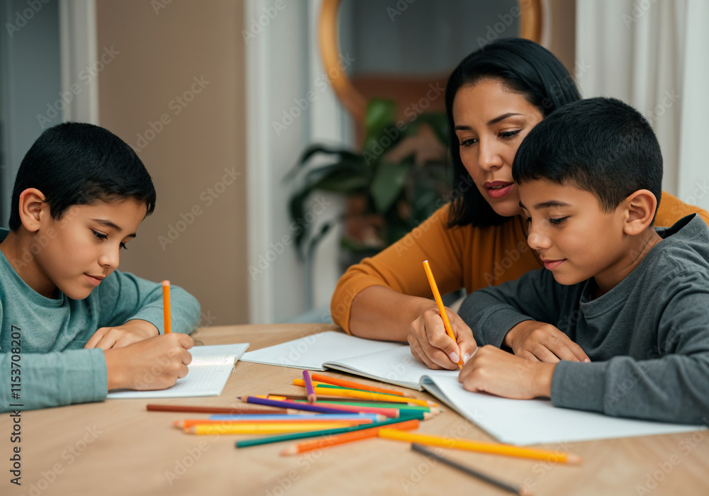 Hispanic family doing homework together at home, promoting education and family values Hispanic family doing homework together at home, promoting education and family values