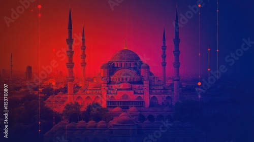 Dramatic view of the S?leymaniye Mosque in Istanbul, Turkey, with a vibrant color gradient and artistic digital enhancements. photo