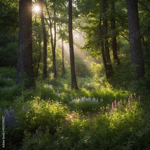 A serene nature scene with soft, blurred focus, featuring lush green trees, vibrant wildflowers, and dappled sunlight filtering through the foliage.

