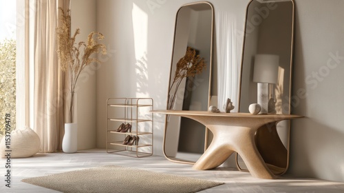 A stylish entryway with a sculptural console table, large mirrors, and a minimalist shoe rack