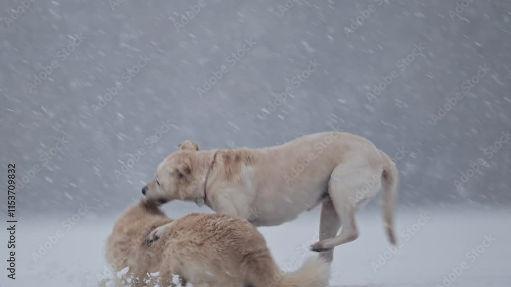 Happy dogs running in snow, festive blue winter background with holiday energy. Happy dogs running in snow, festive blue winter background with holiday energy.