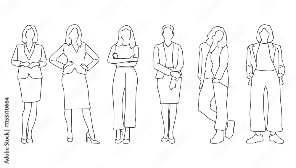 Group of Business Professionals Black and White Vector Illustration. Business Women Standing Minimalist Vector Sketch. Group of Business Professionals Black and White Vector Illustration. Business Women Standing Minimalist Vector Sketch.