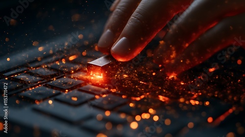 Hand inserting USB drive into glowing laptop keyboard.