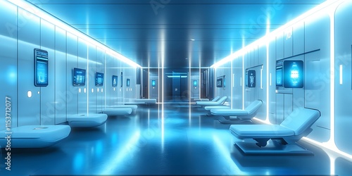 Futuristic gym locker with glowing LED panels on each door, set in high-tech gym. Blue and white lighting reflects modern design, creating a sci-fi aesthetic ideal for promoting advanced fitness tech. photo