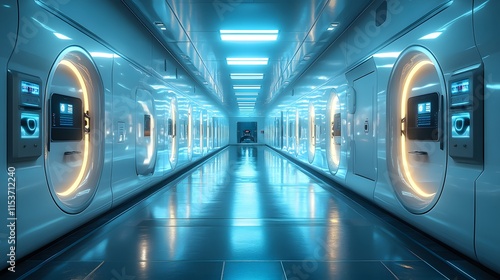 Futuristic gym locker with glowing LED panels on each door, set in high-tech gym. Blue and white lighting reflects modern design, creating a sci-fi aesthetic ideal for promoting advanced fitness tech. photo