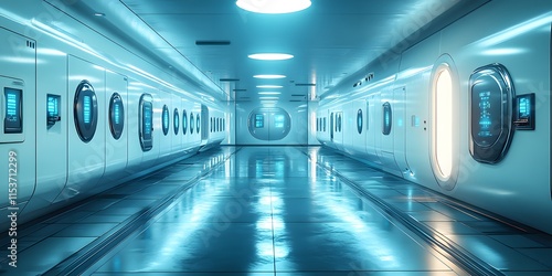 Futuristic gym locker with glowing LED panels on each door, set in high-tech gym. Blue and white lighting reflects modern design, creating a sci-fi aesthetic ideal for promoting advanced fitness tech. photo