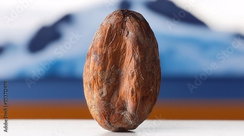 exposure of a cocoa bean and a melting glacier in the background, symbolizing the effect of rising temperatures on cocoa production and price increases. [Cocoa prices are high]:[Production is  photo