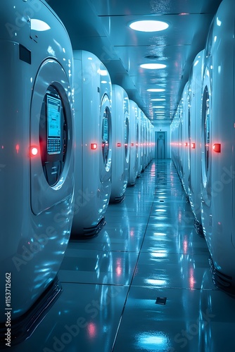 Futuristic gym locker with glowing LED panels on each door, set in high-tech gym. Blue and white lighting reflects modern design, creating a sci-fi aesthetic ideal for promoting advanced fitness tech. photo