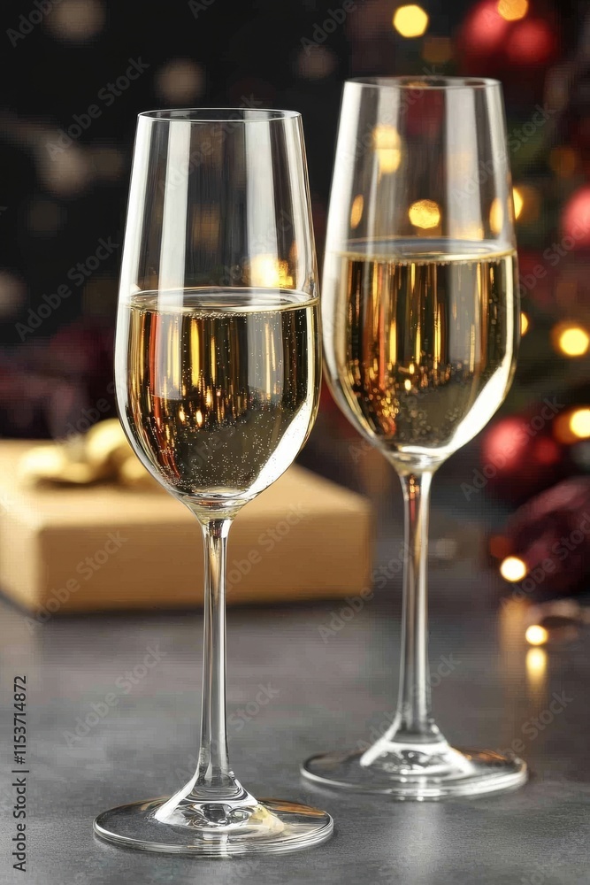 A tray with champagne glasses and a festive present, adorned with garland lights to underscore the Christmas theme. A tray with champagne glasses and a festive present, adorned with garland lights to underscore the Christmas theme.