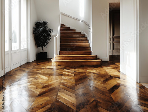 Sol d'un bel appartement à Paris avec un parquet en bois massif vernis avec mur en plâtre blanc et moulures et un bel escalier avec rambarde